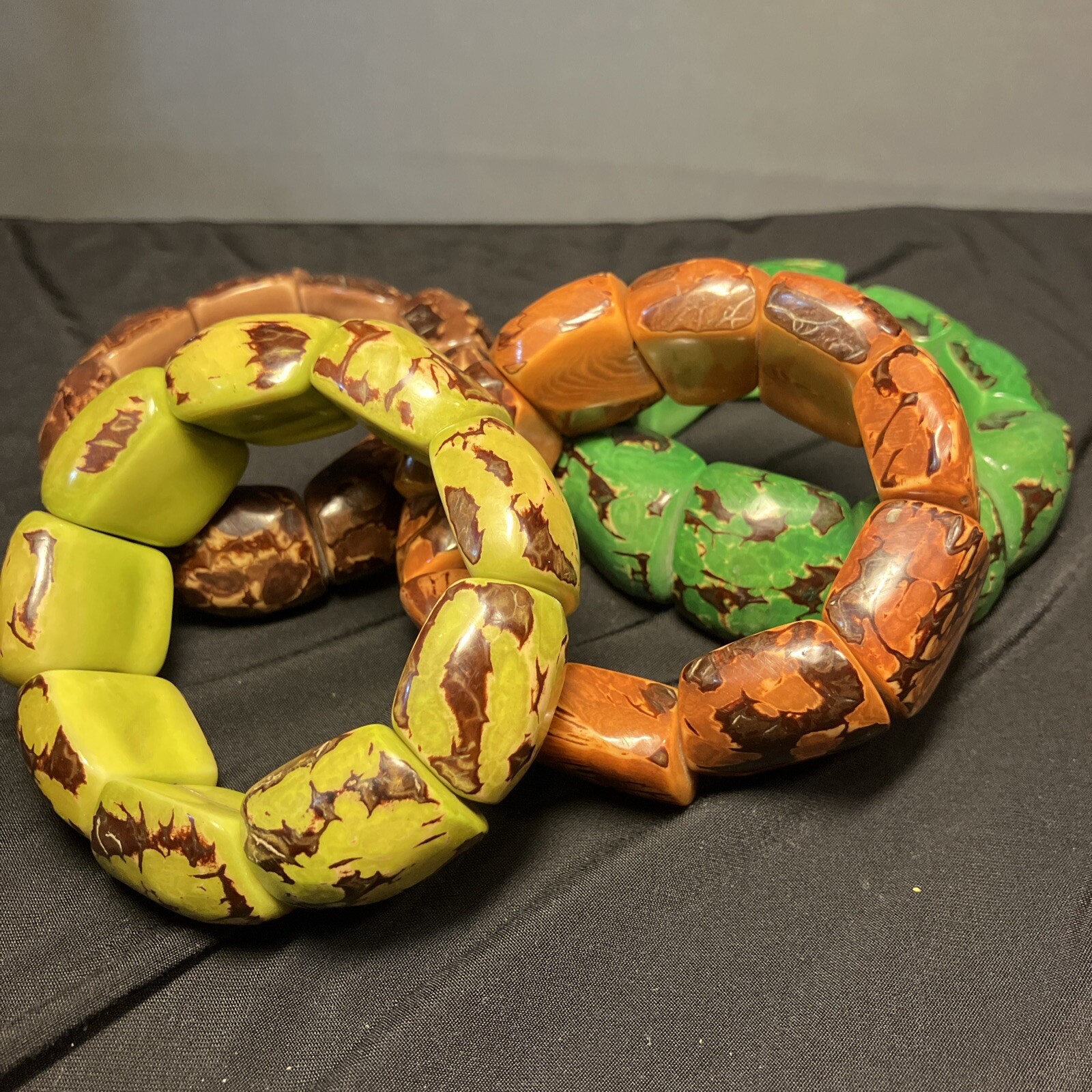 4 Tagua Nut Bracelets Green Lime Light & Dark Brown Stretch Boho Chunky Organic