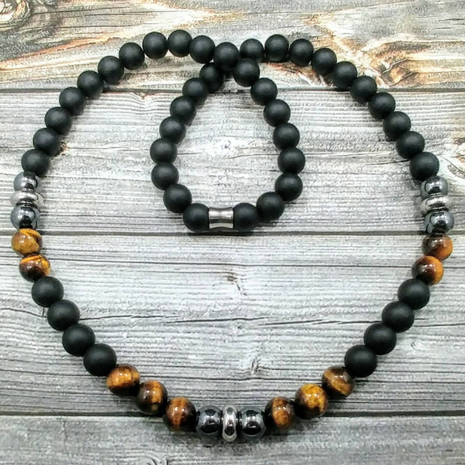 24″L STAINLESS STEEL 10mm Tigers Eye+Onyx+Hematite Gemstone Beaded Mens Necklace