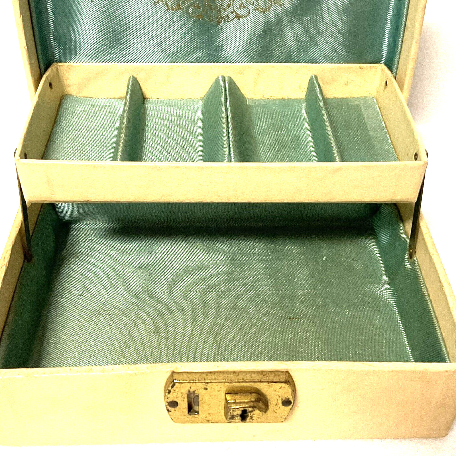 Vintage MCM 2 Level Beige/Gold Jewelry Box Sage Green Interior Flip Lock No Key