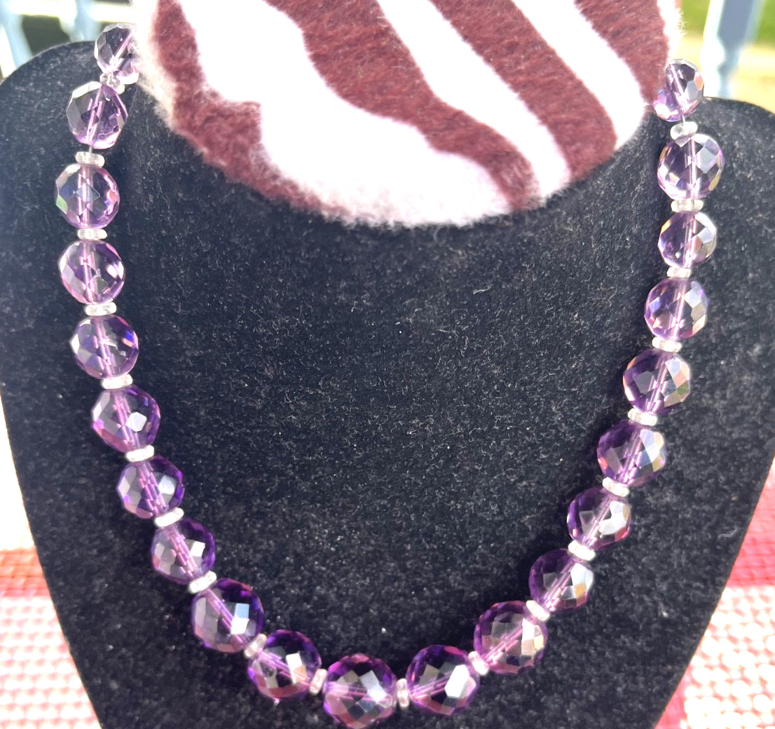 Purple Faceted Amethyst Glass Beaded Necklace- Sterling Silver Clasp Free Ship