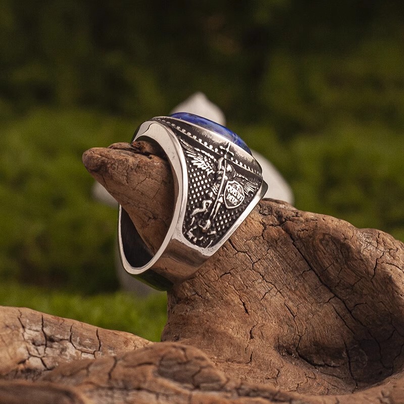 NIGHT WORKS God’s Power retro angel carving royal blue stone ring men’s