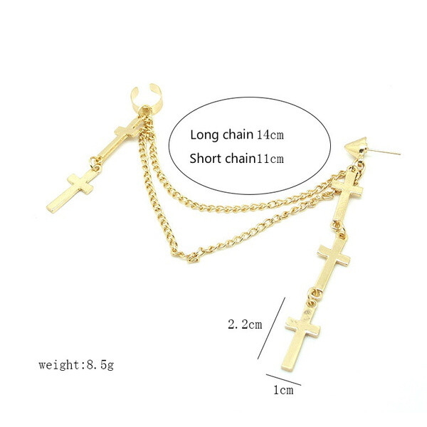 Gothic Punk Cuff Dangle Drop Cross Earrings – Long Chain Stud Tassel, Gift, Gold