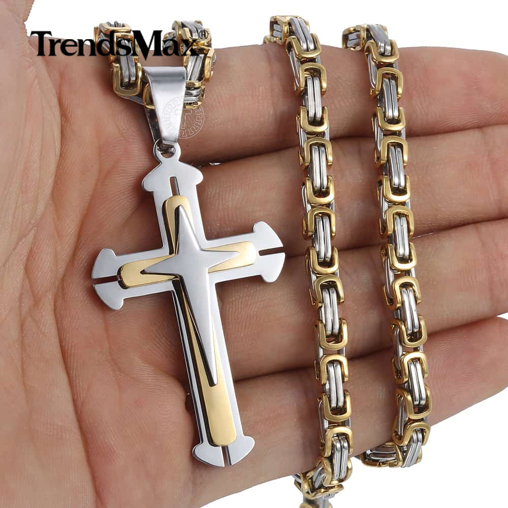 Silver/Gold Plated Cross Pendant Necklace Stainless Steel Byzantine Chain 20/22″