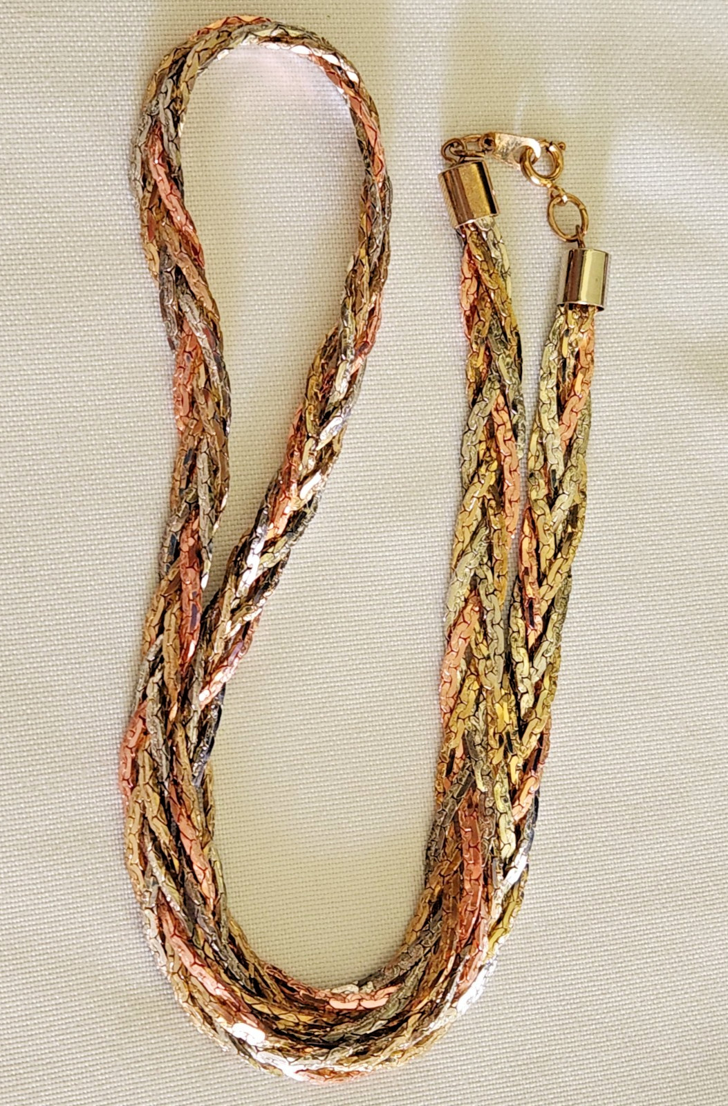 Vintage Tricolor 5 Strand Braided Herringbone 22″ Necklace marked Korea