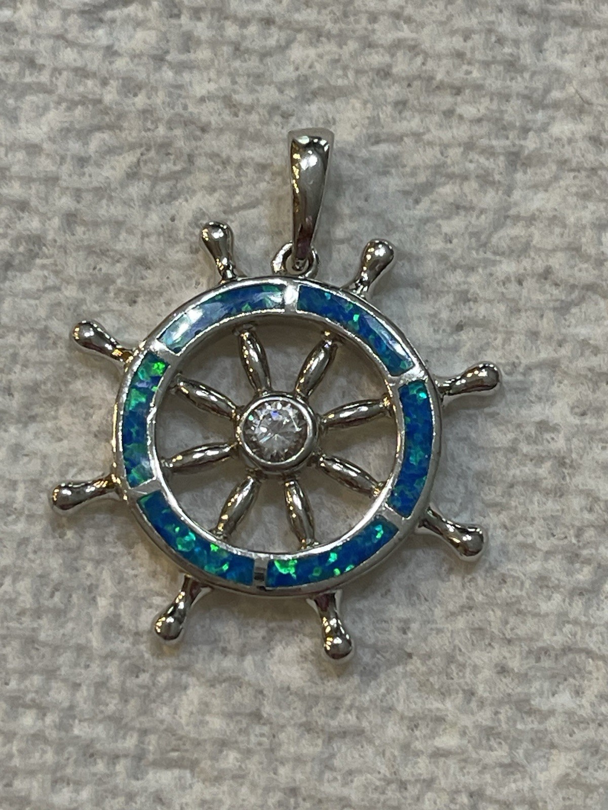 Sterling Silver Ships Wheel Necklace With CZ And Created Opal (23 x 33 mm)