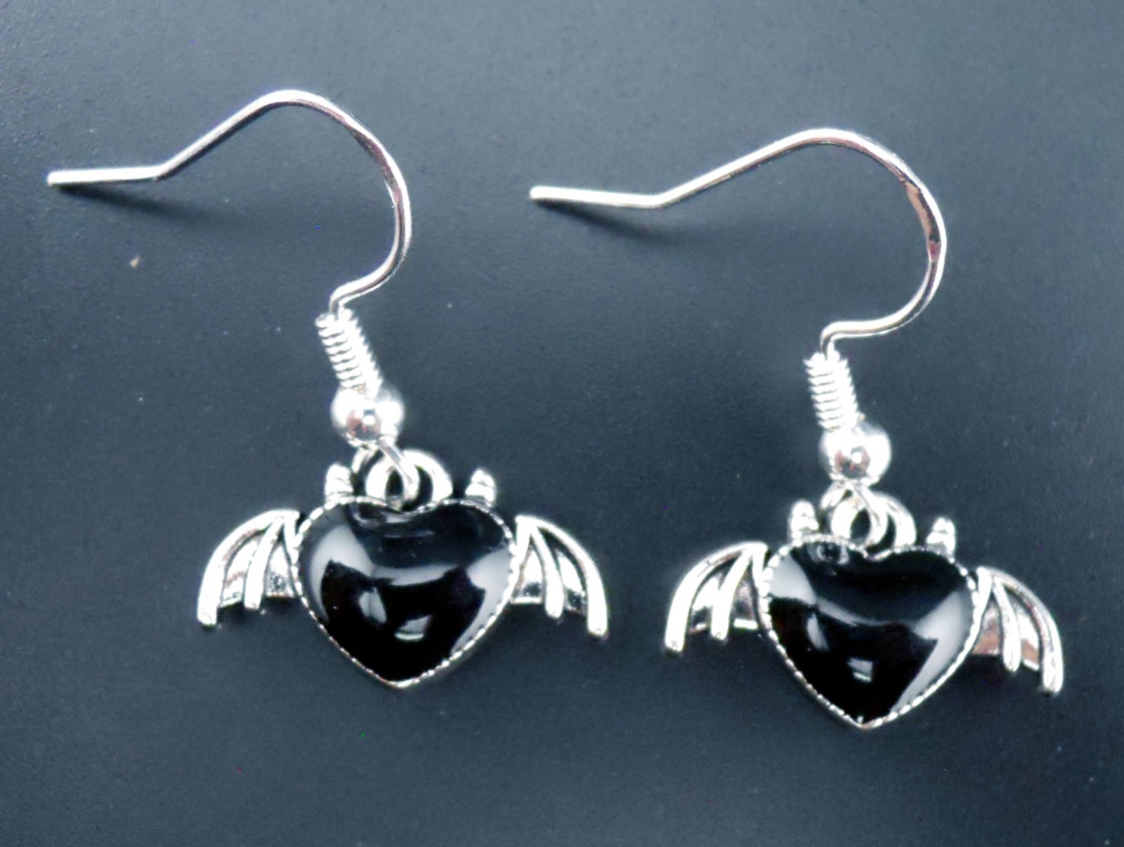 Gothic Bat Earrings Sterling Silver Ear Wires Devil Horns Black Heart Goth New
