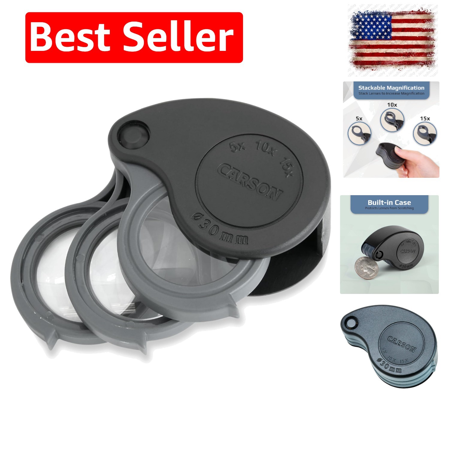 TriView 5x/10x/15x Folding Loupe Magnifier with Built-in Case, 3-in-1 Portabl…
