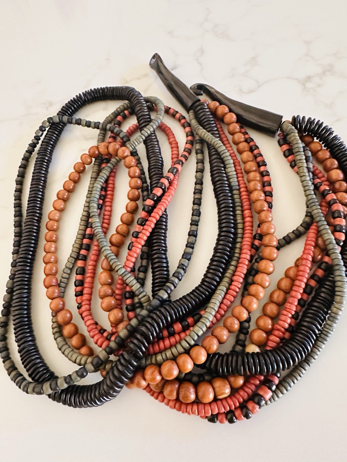 Gerda Lynggaard Monies Denmark Vintage Beaded Sautoir Necklace Horn Closure