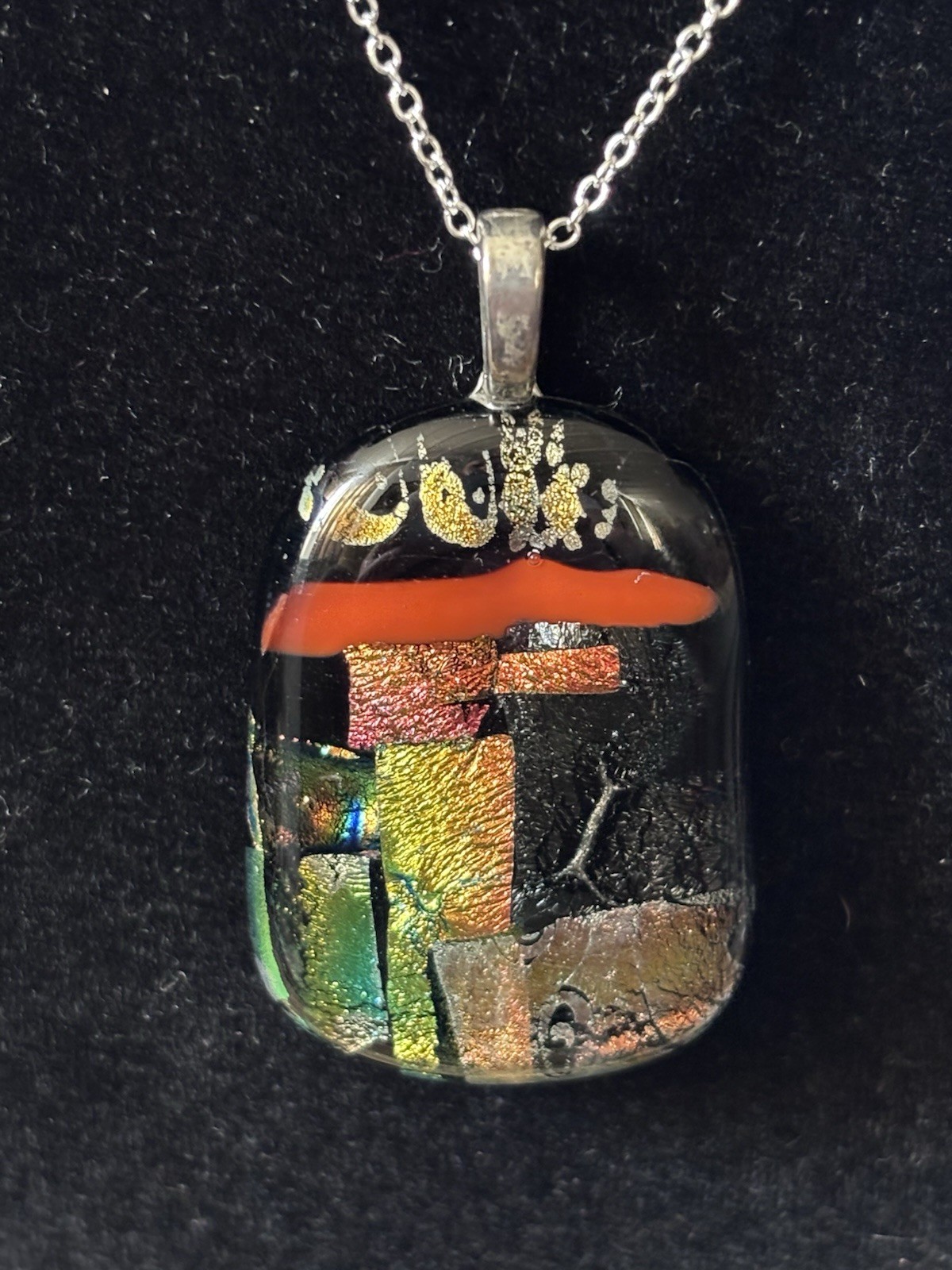 Handmade Dichroic Fused Art Glass Pendant Necklace Black Multicolour Abstract