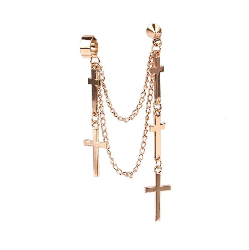 Gothic Punk Cuff Dangle Drop Cross Earrings – Long Chain Stud Tassel, Gift, Gold