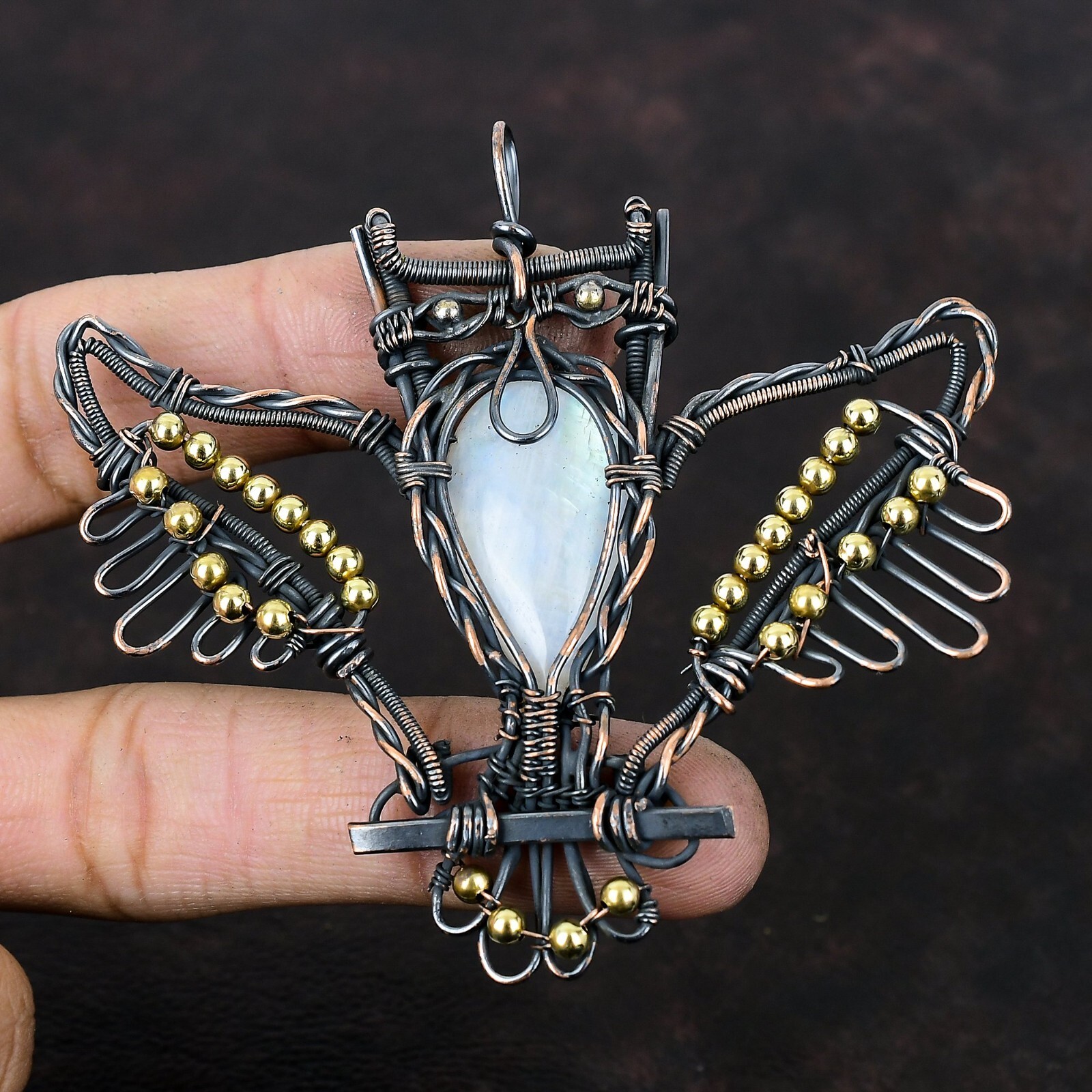 Rainbow Moonstone Wire Wrapped Owl Pendant Handcrafted Copper Unique Gift 3.15″