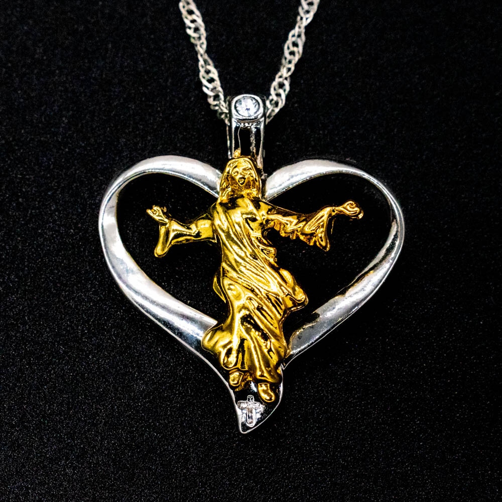 Jesus Christ Heart Pendant – 19″ Singapore Chain, Silver & Gold Necklace