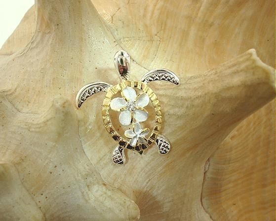 21.5MM 2-TONE YELLOW GOLD PLATED 925 SILVER HAWAIIAN TURTLE PLUMERIA CZ PENDANT