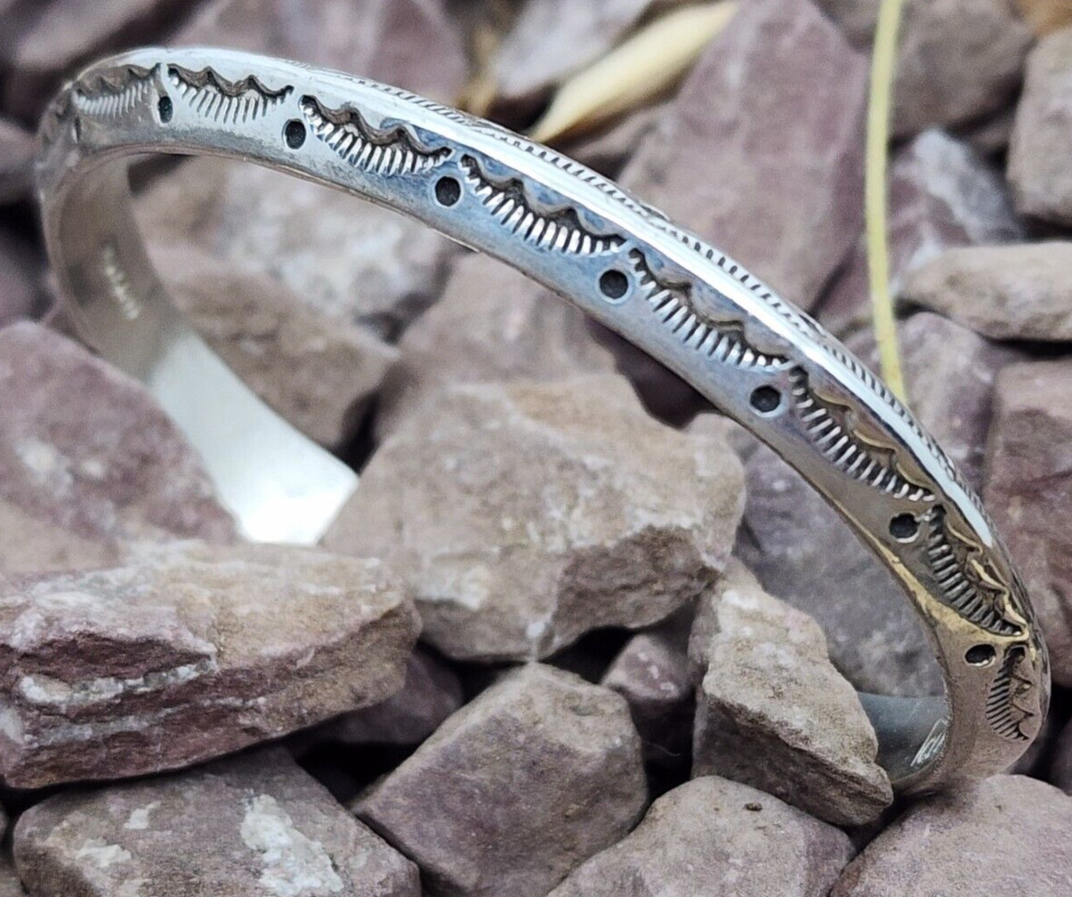 Kewa Pueblo Mitchell Calabaza Sterling Silver Hand Tooled Cuff Bracelet 6″