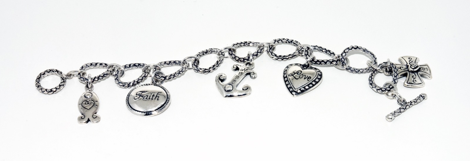 Handmade Pure 925 Sterling Silver Fine Bracelet Hope/Love/Faith 36.3 g Taxco/Mex