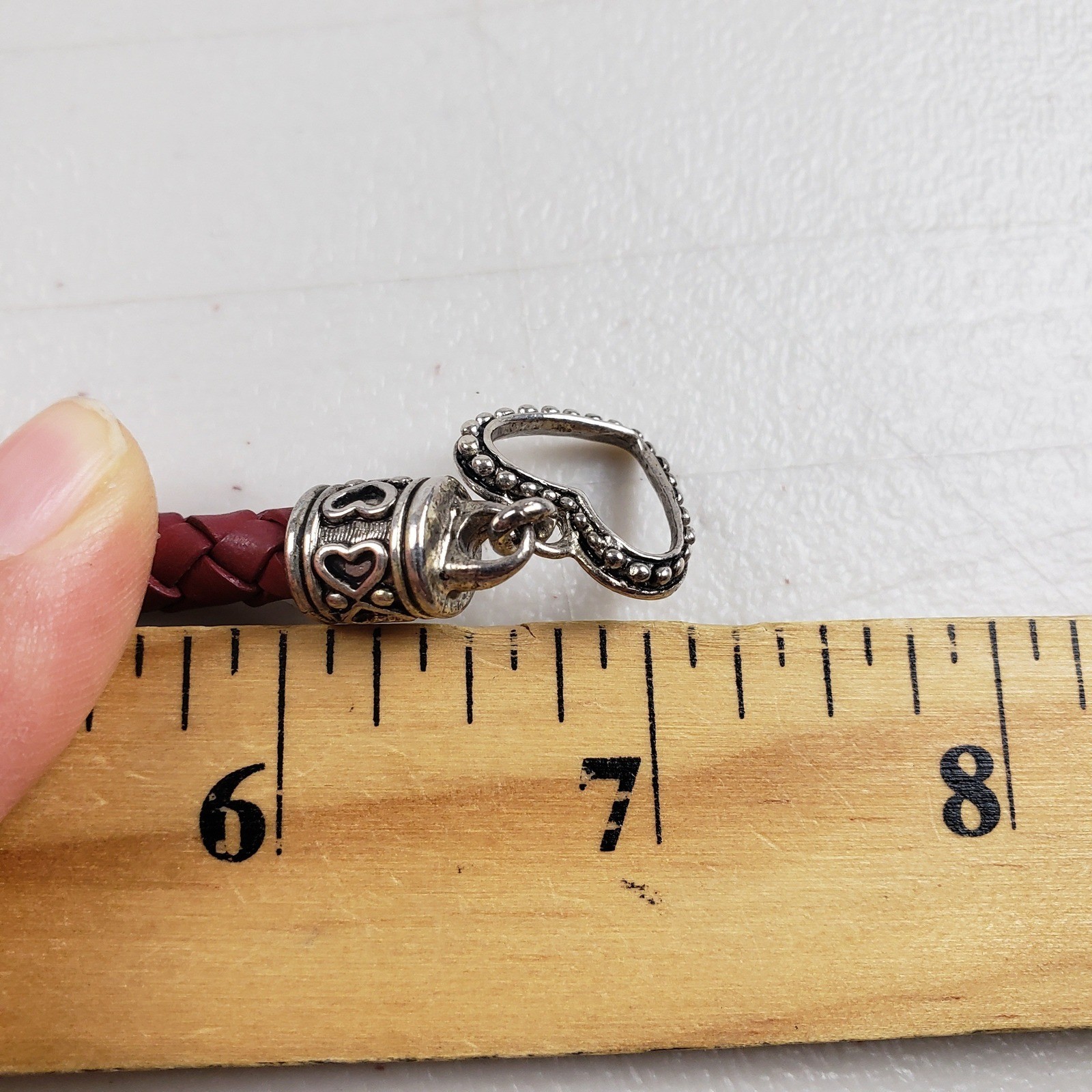 Burgundy Braided Leather Heart Charm Toggle Bracelet Silver Tone Filigree Boho