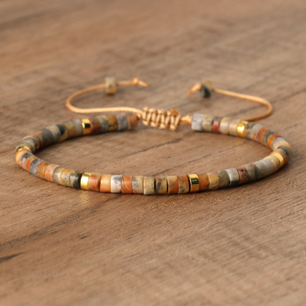 Hand Made Dainty Crazy Lace Agate Bracelet, Heishi Beads & Adjustable Drawstring