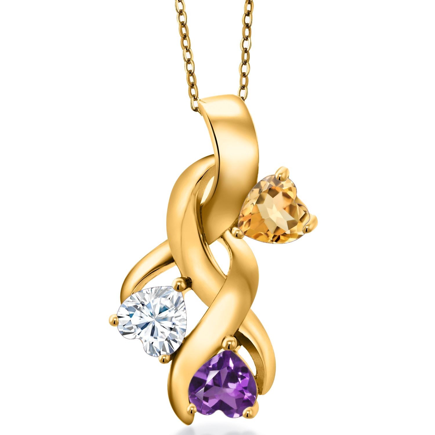 18K Yellow Gold Plated Silver Citrine and White Moissanite and Amethyst Pendant