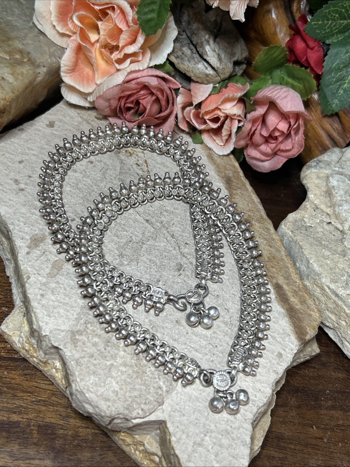 58. R.M SMSM Tribal 925 Silver Traditional Payal S Hook clasp 2 Anklets 9 5/8″