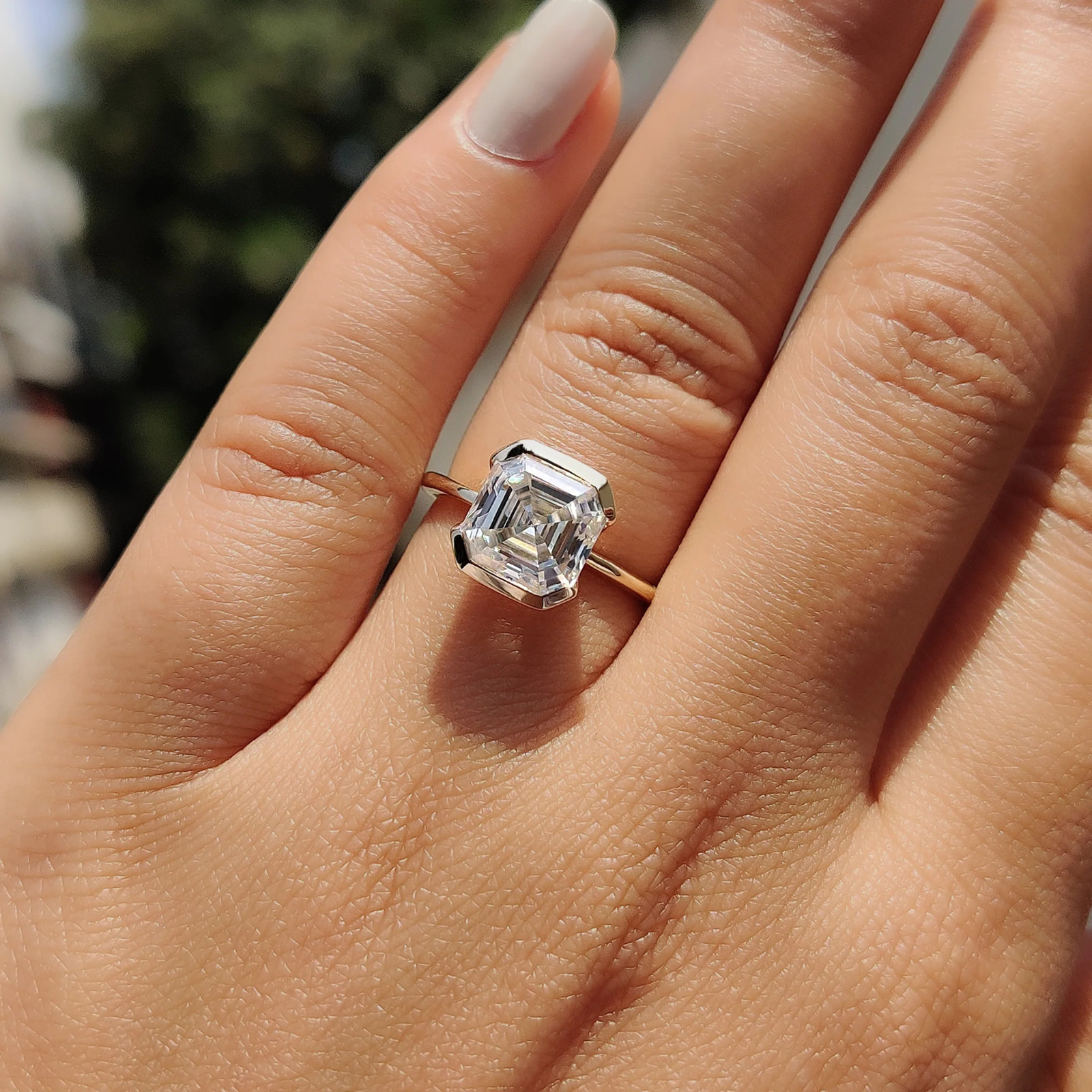 2.0CT Asscher Cut Moissanite Half Bezel Engagement Ring 14K Yellow Gold Plated