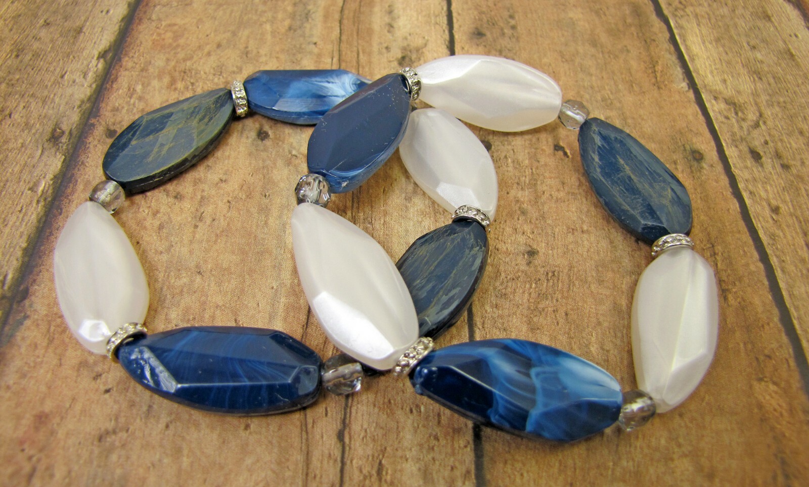 Denim Blue and White Bead Stretch Bracelet Set of Two, multi color bracelet NEW