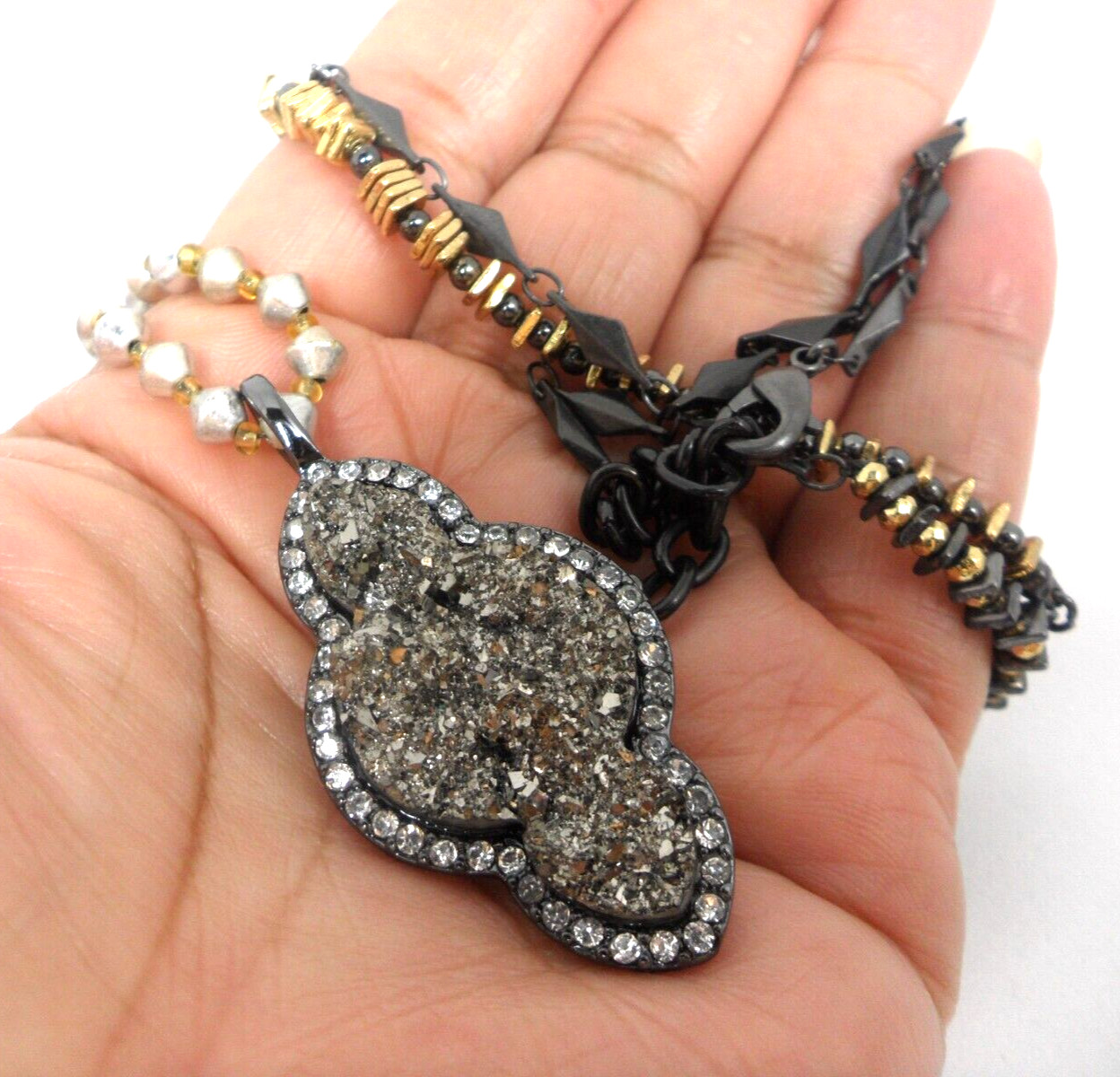 Stella Dot Relic Druzy Pendant Necklace Lavalier Sautoir Arabesque Hematite Bead