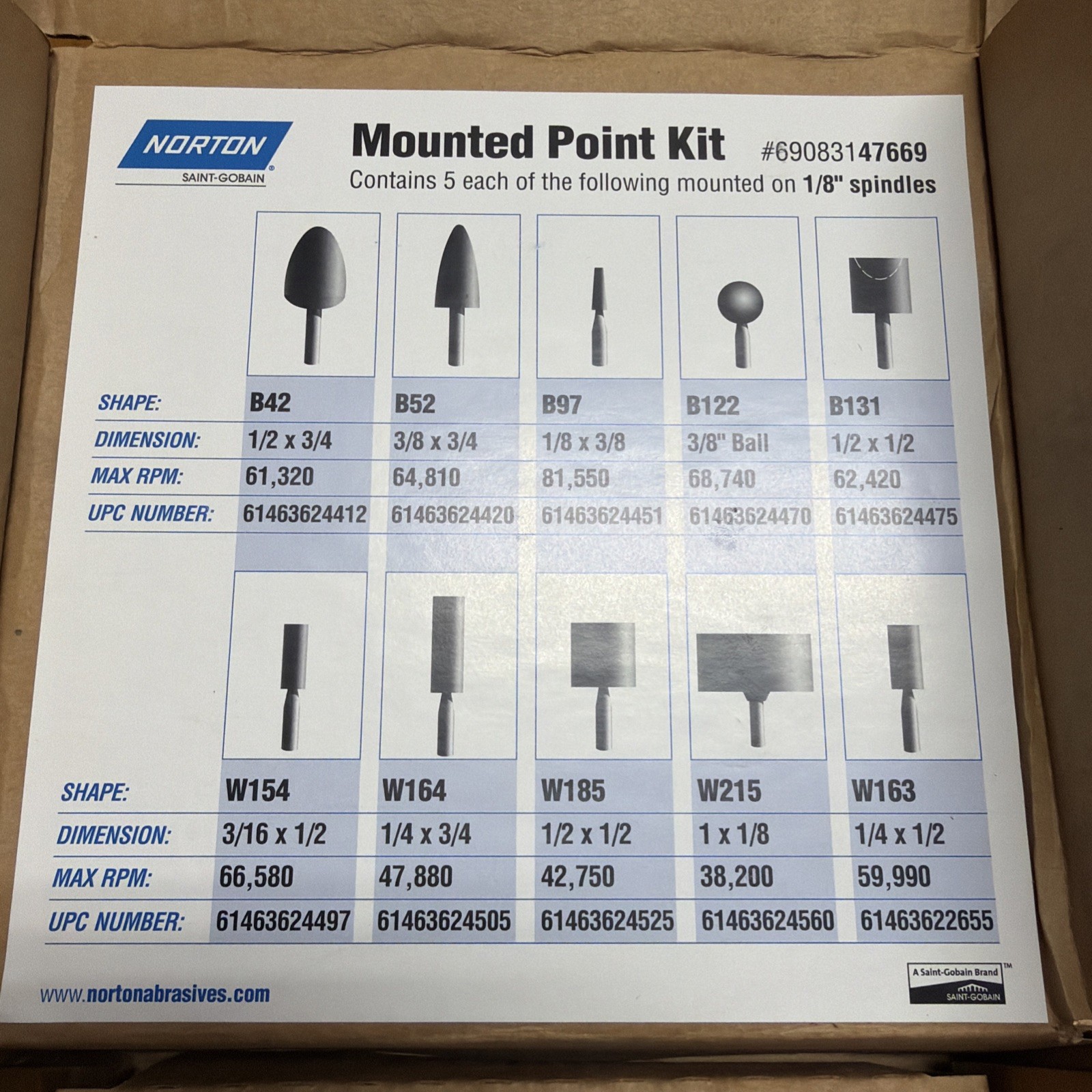 Norton 69083147669 50-Piece Mounted Point Kit, 1/8″ Shanks, New