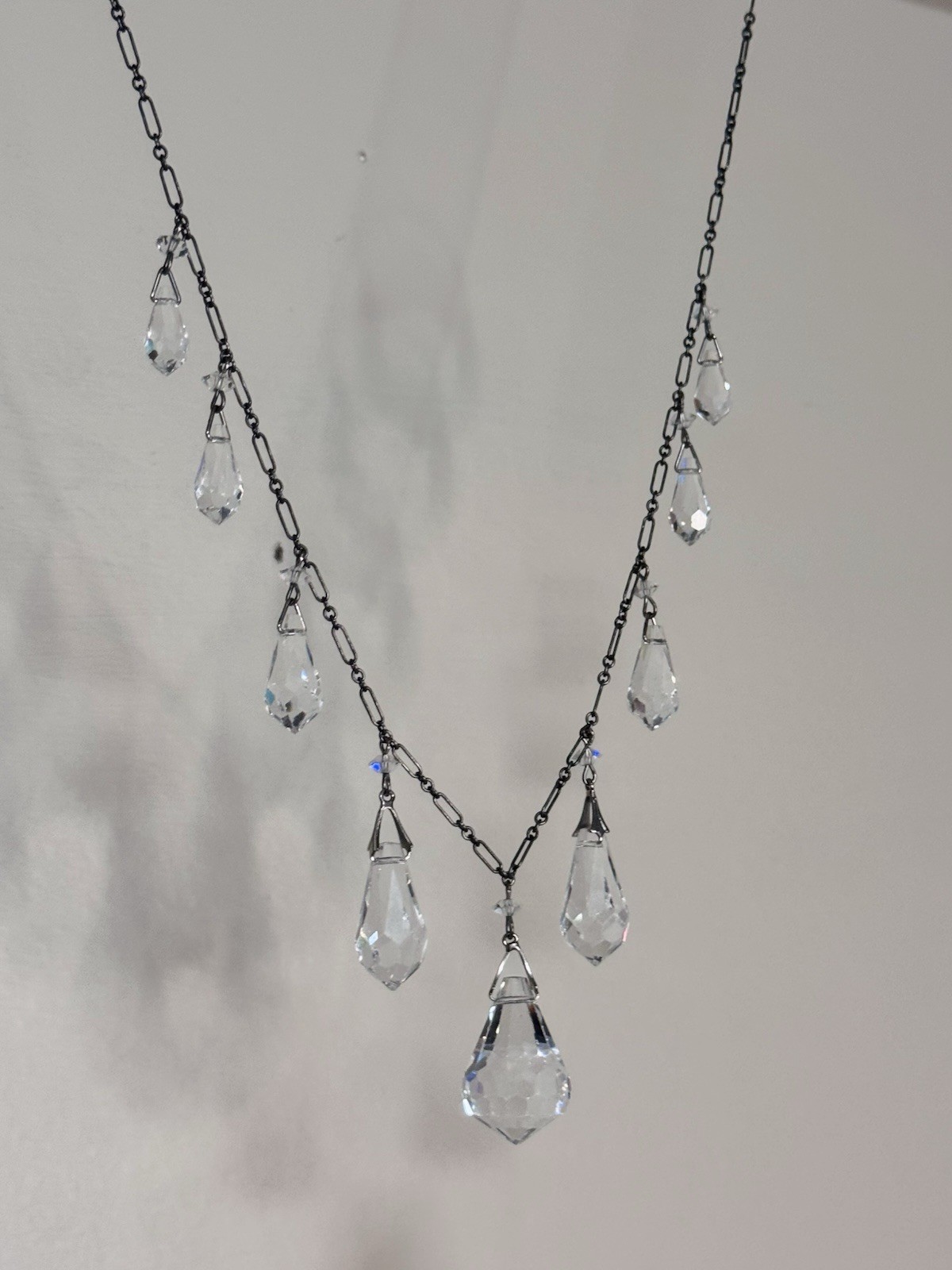 Lucy Isaacs NYC Sterling Silver Long Faceted Crystal Drop Statement Necklace 925