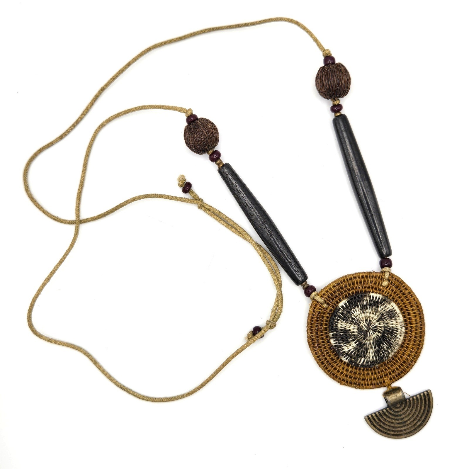 Artisan Woven Raffia Pendant Necklace Boho Tribal Mixed Media Brass Bovine Bone