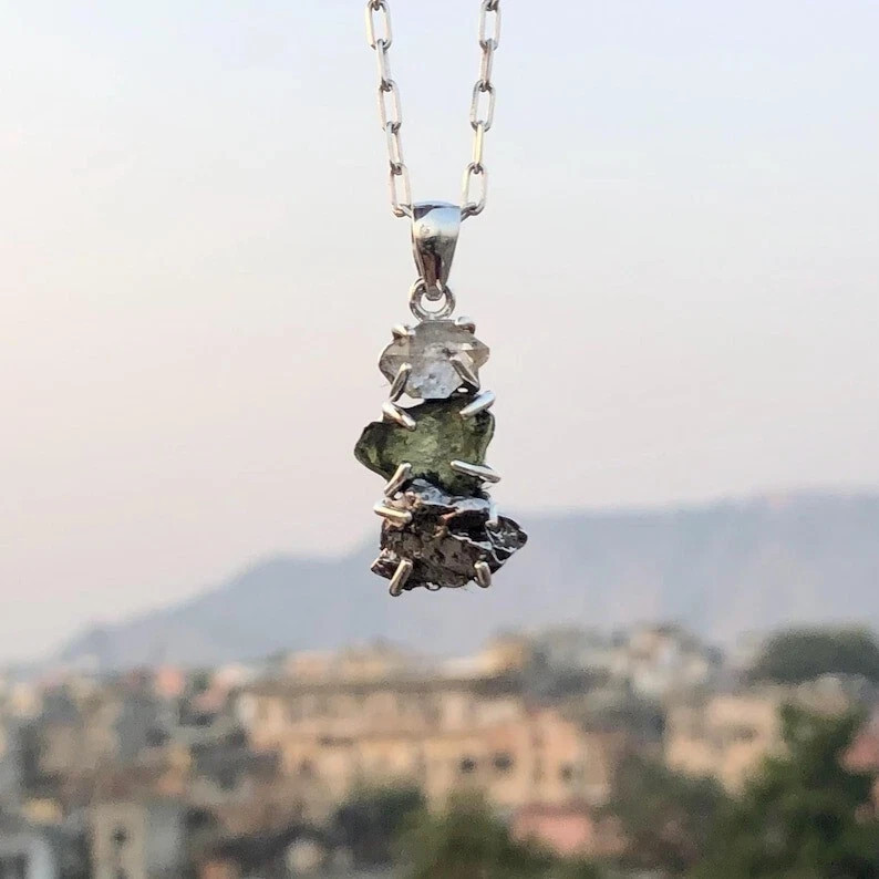 Moldavite, Herkimer and Meteorite Pendant Sterling Silver Handmade Pendant Gift