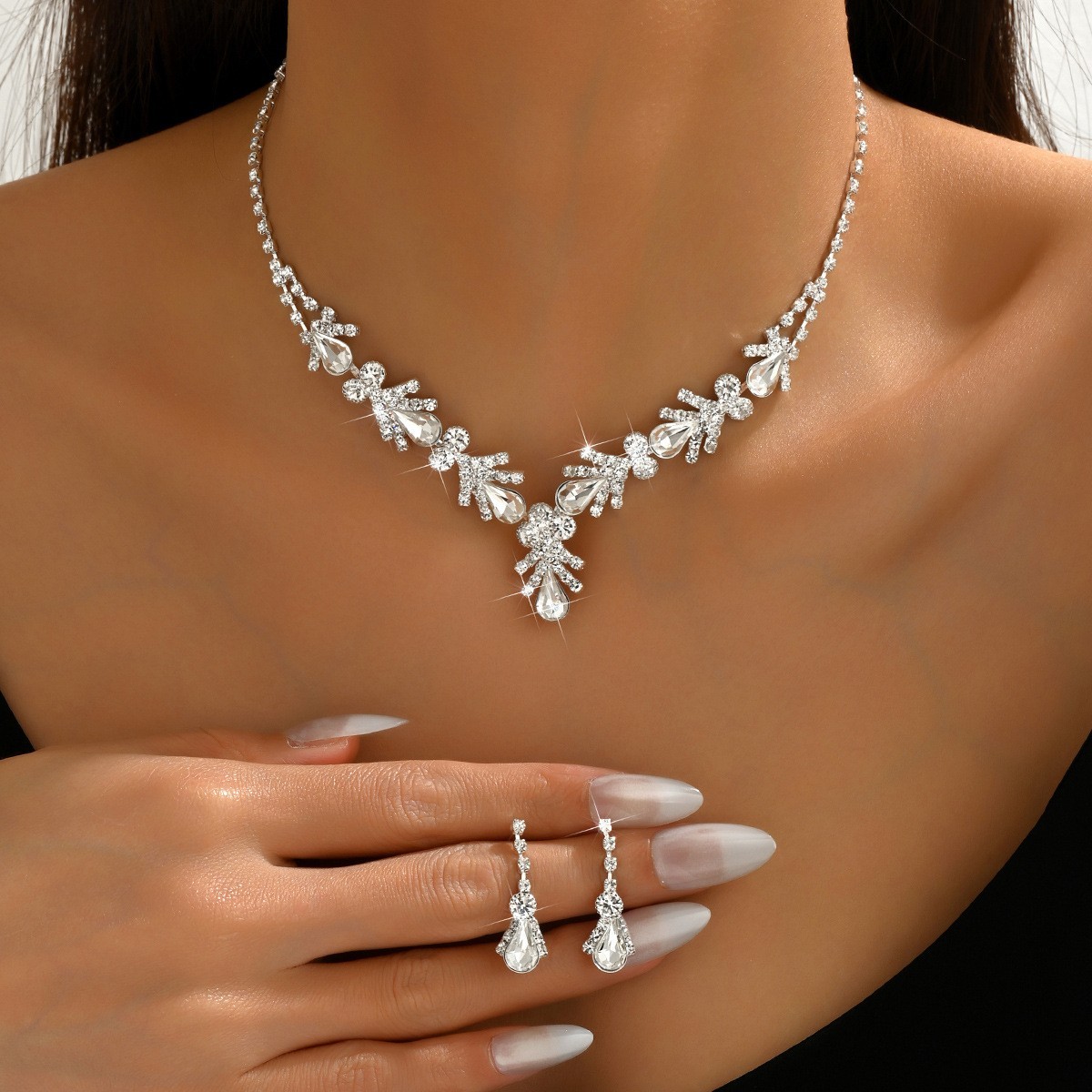 Bridal Prom Rhinestone Necklace Set Bracelet Earrings Silver Elegant Wedding Set