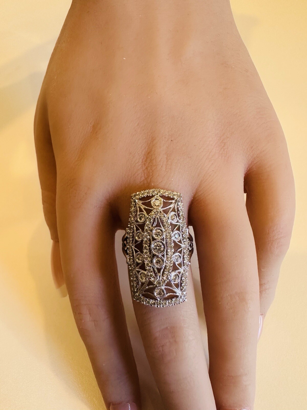 Gabriel & Co 14K White Gold Diamond Floral Filigree Long Right Hand Ring