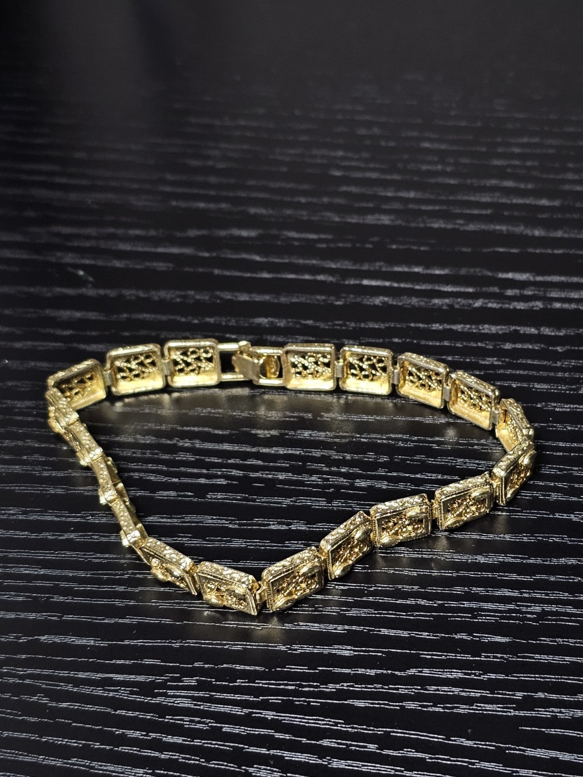Gold Tone Filigree Square Link Bracelet Openwork Panel Fold Over Clasp