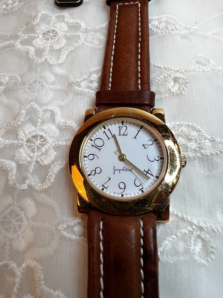 Vintage Jacques Farel Gold Toned Case White Dial Leather Band DD