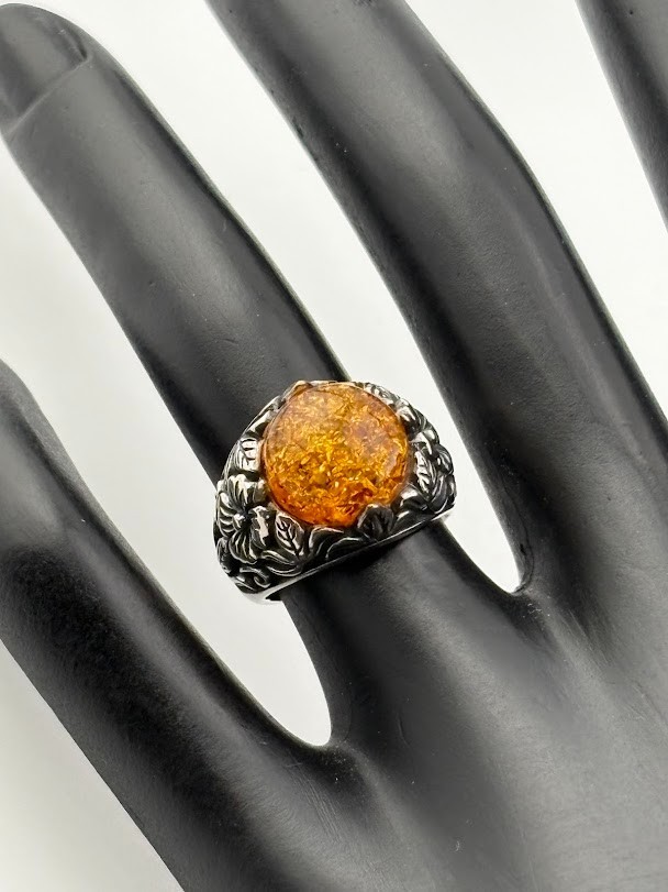 BBJ BANGKOK 925 STERLING SILVER 11MM ROUND AMBER FLORAL RING SIZE 5 BOHO 640