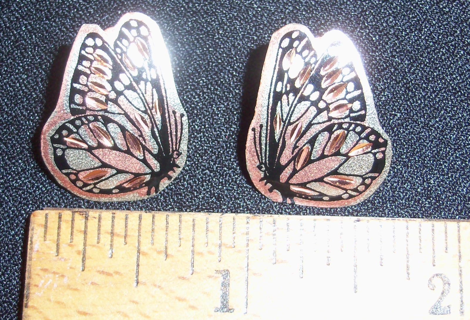 BUTTERFLY DESIGN-HAND ENGRAVED COPPER EARRINGS W/SILVER PLATE & BLACK ENAMEL