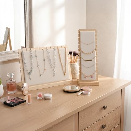 4PCS Bamboo Wood 12-Slot Necklace Display Stands with Beige Velvet, Permanent