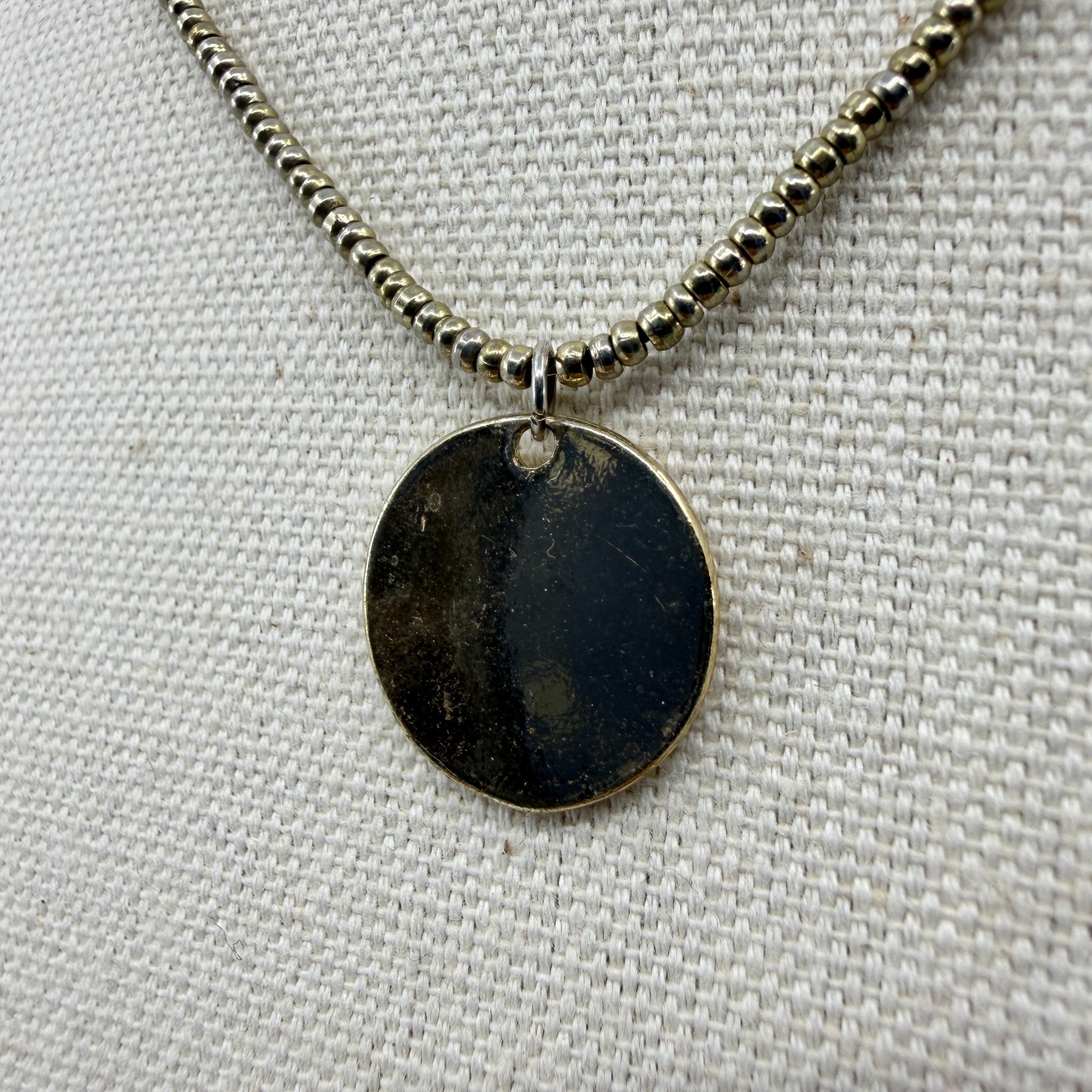 Silver Tone Disc Pendant Necklace Dainty Beaded Chain Minimalist Layering Chic
