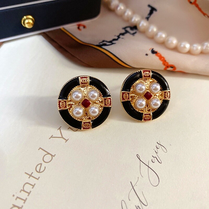 Retro French Elegant Simple Antique Times Drop Oil Enamel Pearl Silver Earring
