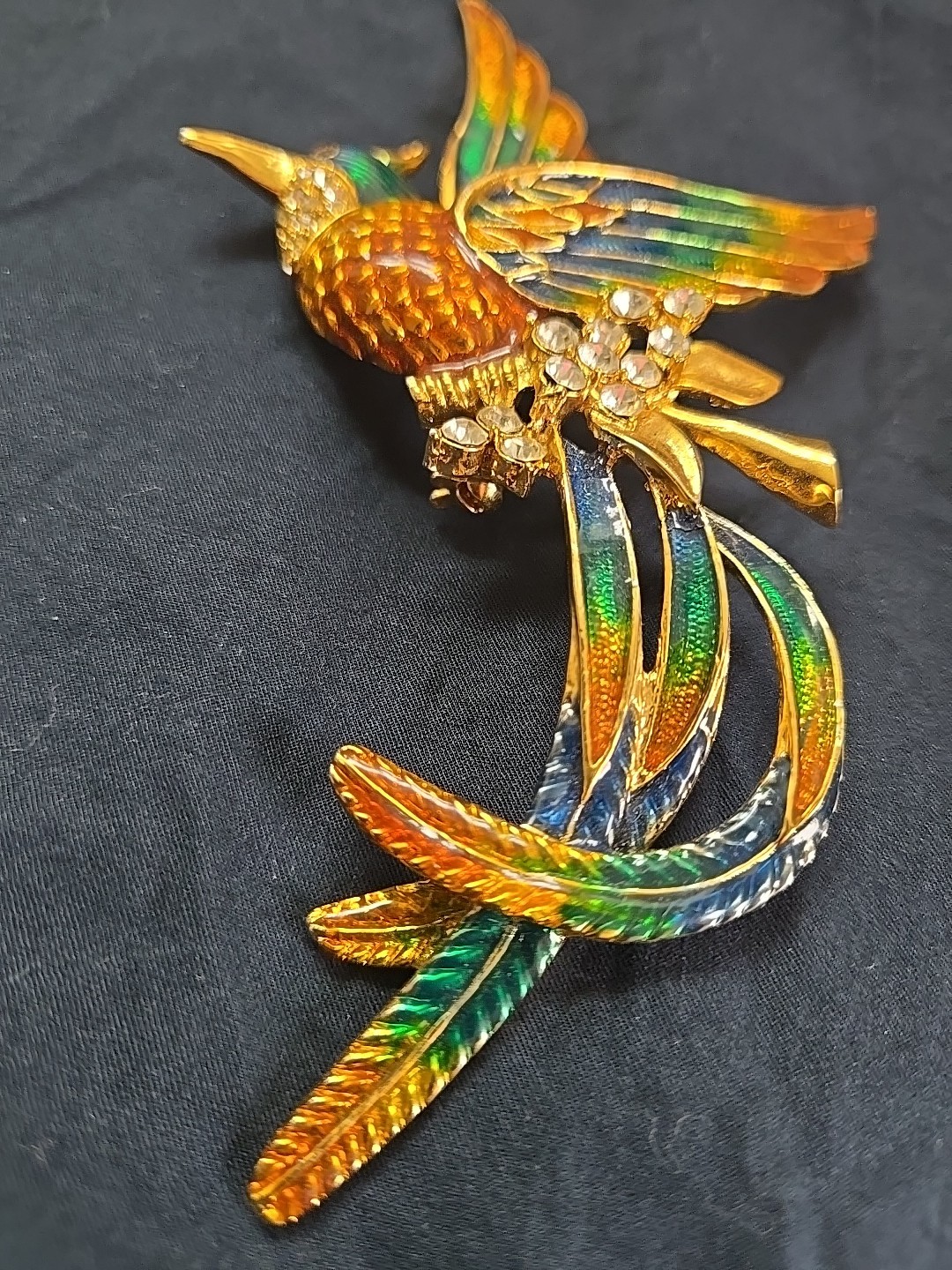 Vintage D’orlan Boucher 6″ Enamel Phoenix Bird Brooch Multicolored, Clear Crysta