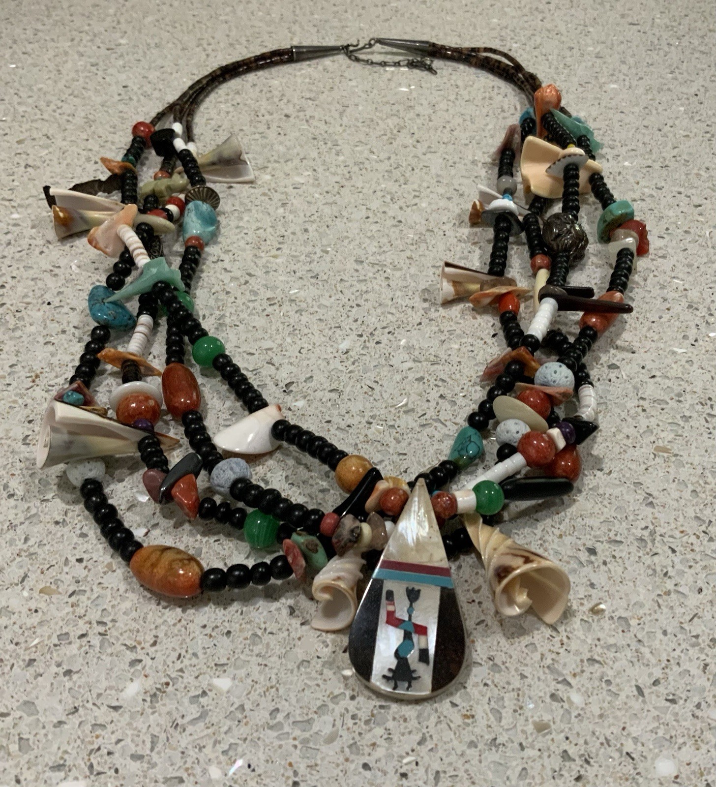 Multi-Strand Native American Style Fetish Necklace Carved Animals Stones & Shell