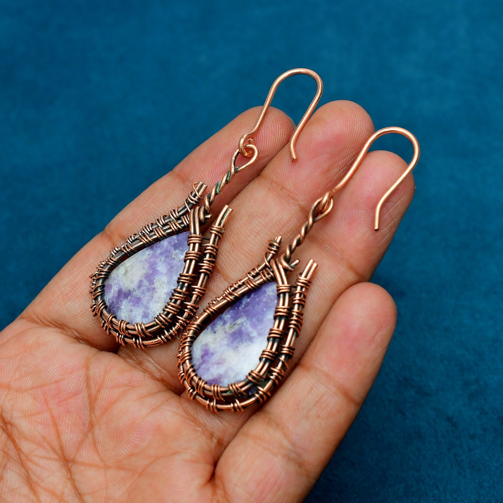 Lepidolite Gemstone Handmade Copper Ethnic Jewelry Earrings 2.67″
