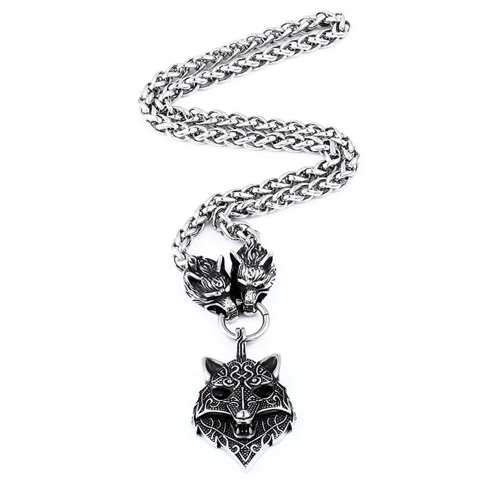 Large Viking Fenrir Wolf Necklace Stainless Steel Geri Freki Wolves Wheat Chain