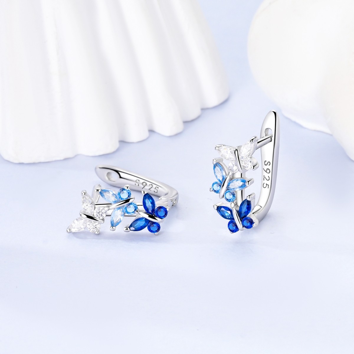 LAZA Original Dancing Blue CZ Butterfly 925 Silver Hoop Earrings Women Jewelry