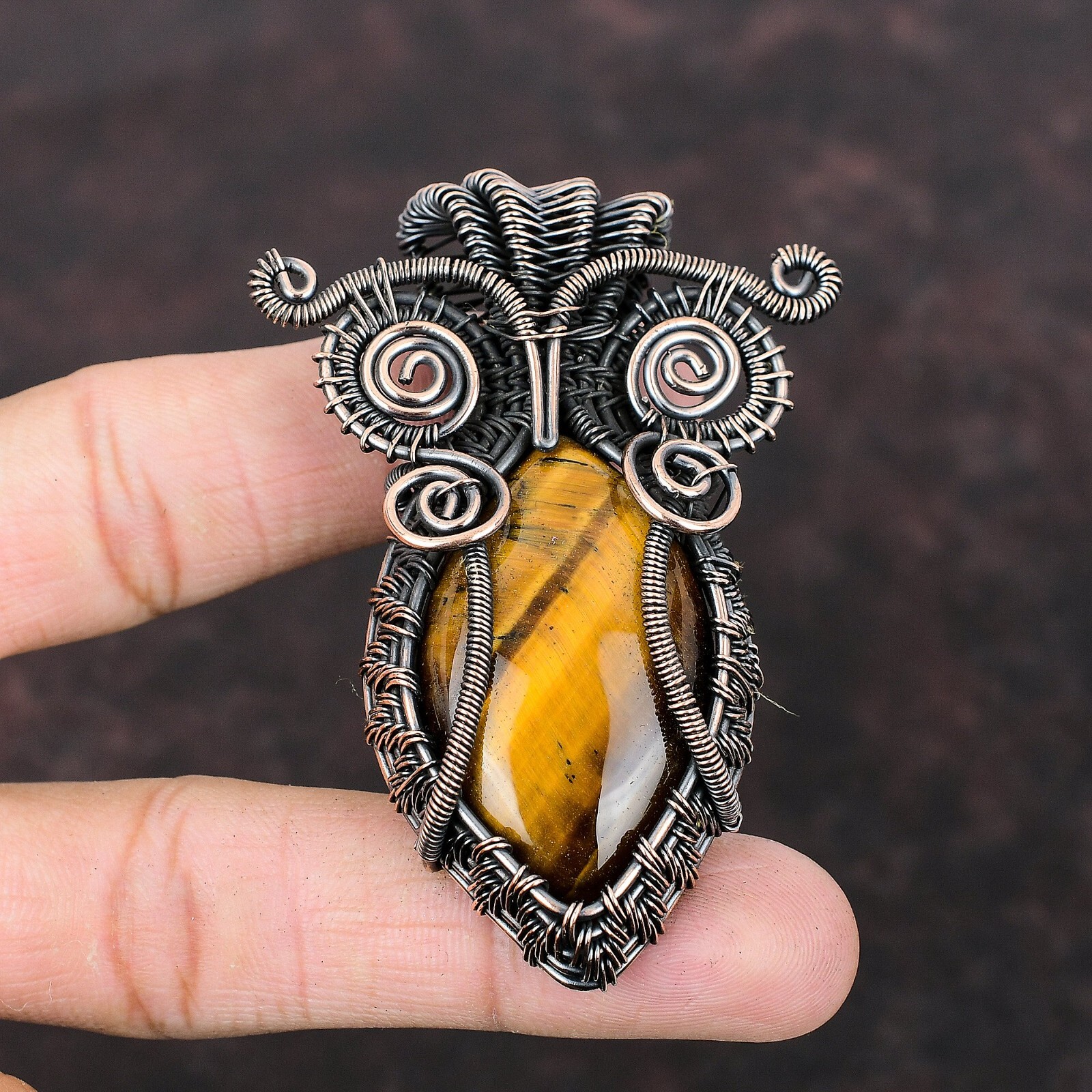 Tiger’S Eye Wire Wrapped Owl Pendant Handcrafted Copper Holiday Jewelry 2.83″