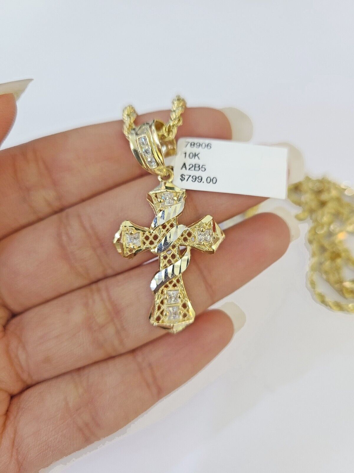 Real 10k 3mm Rope Chain Spiral Cross Pendant 18″ 20″ 22″ 24″ 26″ Gold Set