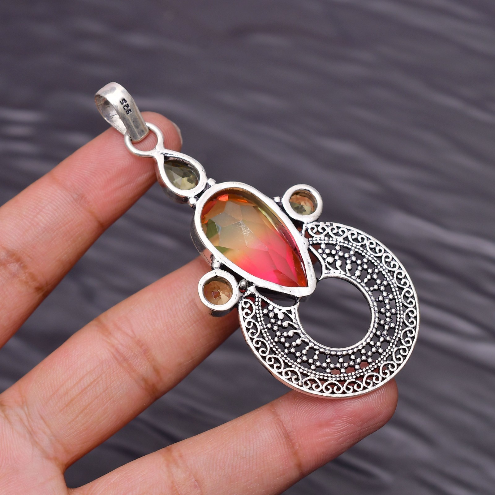 Bi Color Tourmaline Gemstone 925 Sterling Silver Jewelry Pendant 2.99″
