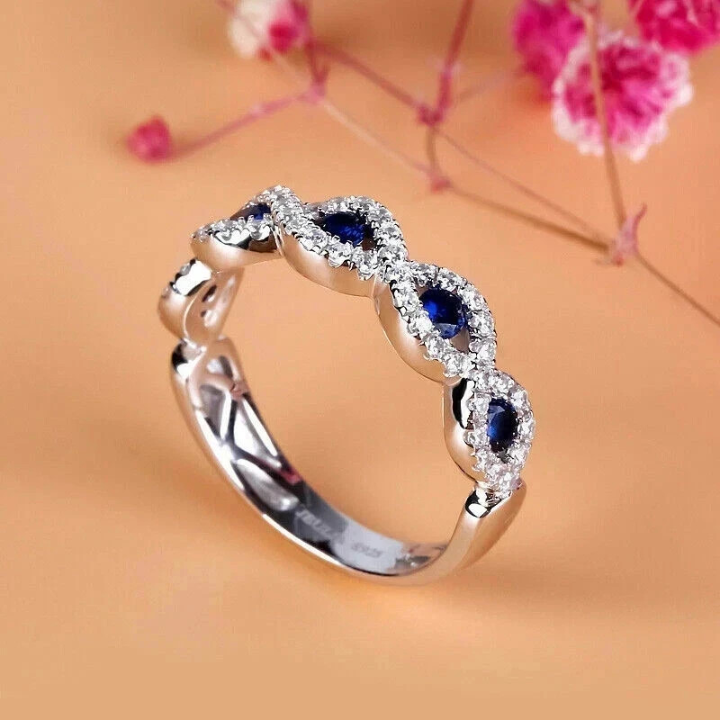 1.83 Ct Round Cut Natural Sapphire Wedding Ring 14K White Gold