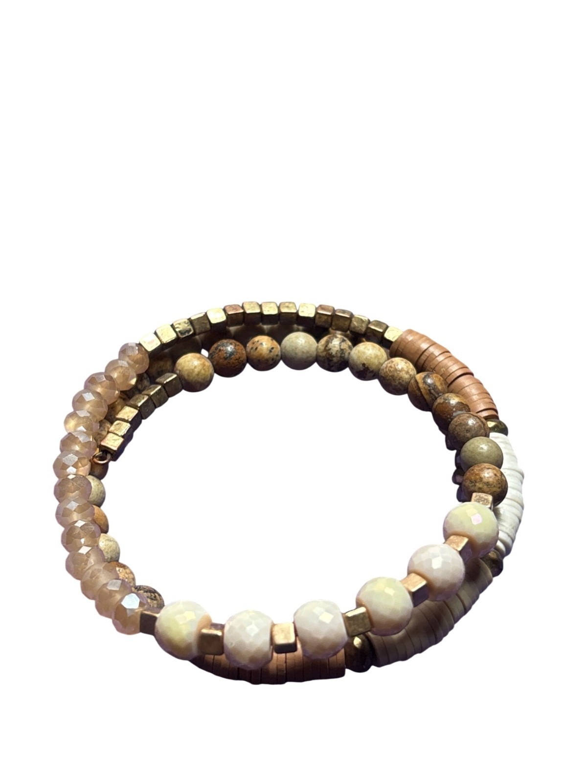 Artisan Beaded Memory Wire Bracelet Iridescent Faceted Glass Stone Metal Shell