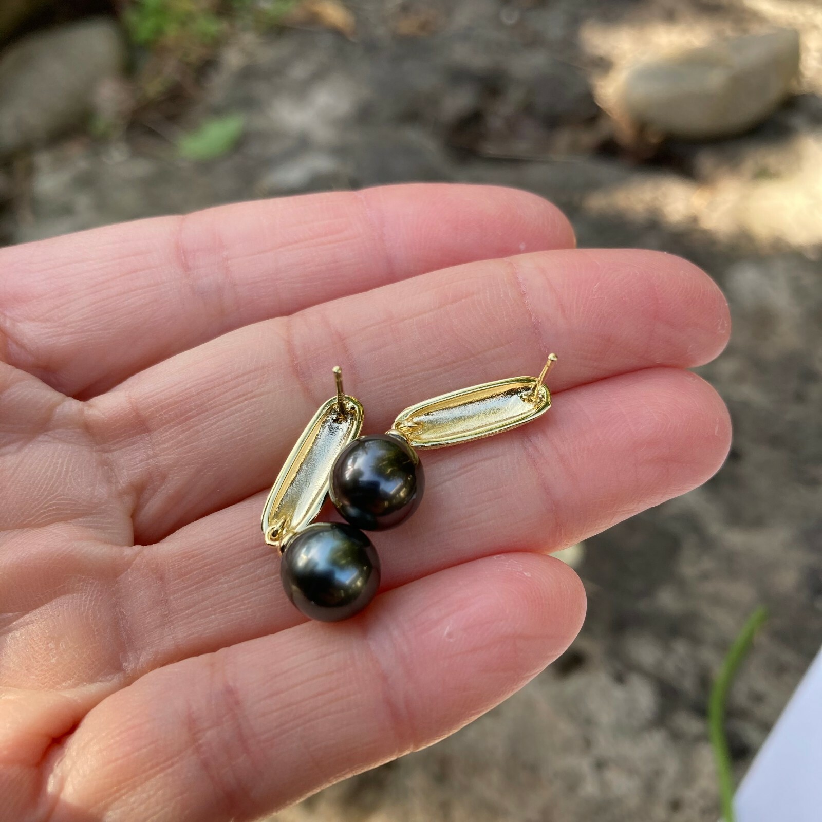8.5~9mm Black Tahitian Pearl sterling Silver Gold coated 26mm Earring Dangle 184